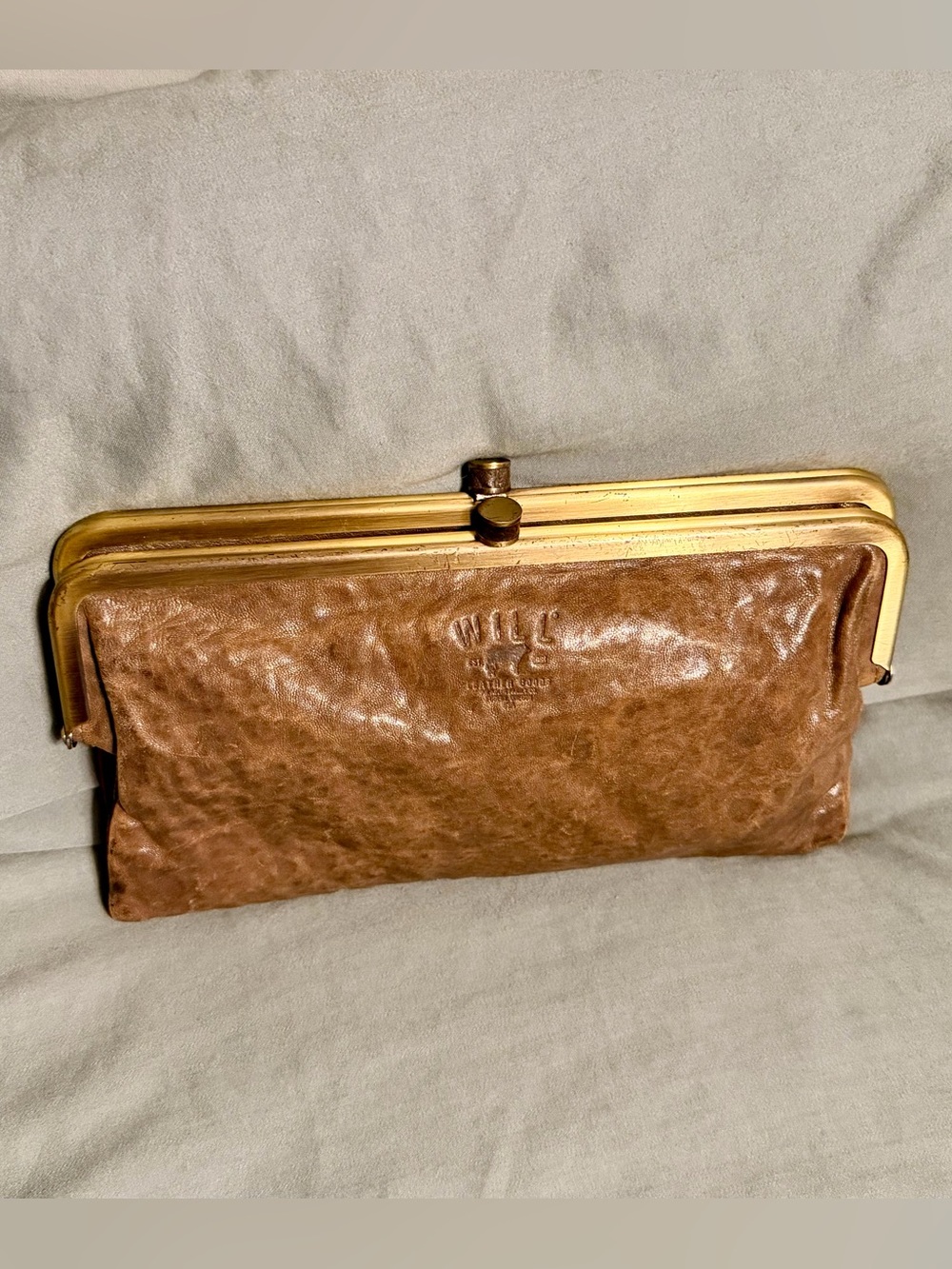 Will Leather Goods Cognac Brown Leather Kiss-Lock Clutch with Gold Frame
